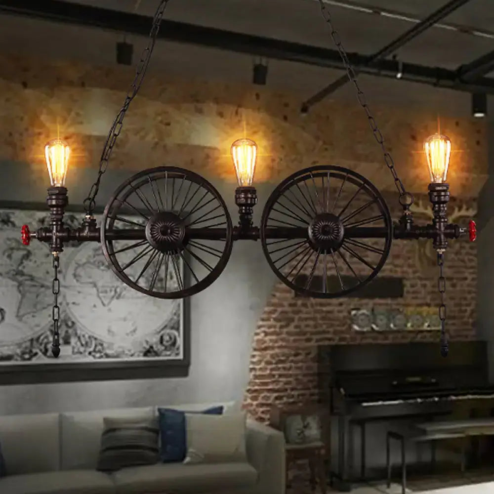 DecorBites™ Industrial Iron Hanging Light Fixture - Wheel Piping, 2/3/4 Heads, Black - for Living Room Island