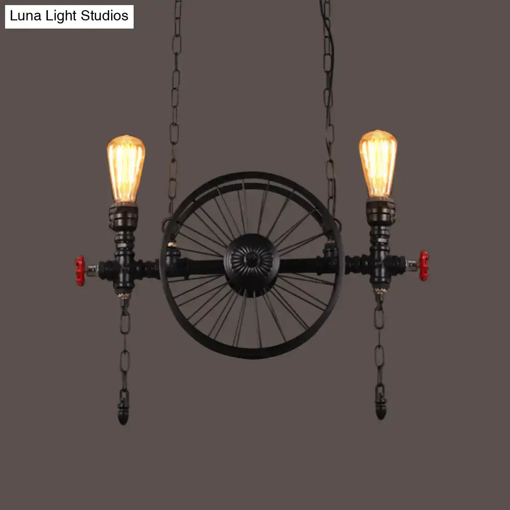 DecorBites™ Industrial Iron Hanging Light Fixture - Wheel Piping, 2/3/4 Heads, Black - for Living Room Island