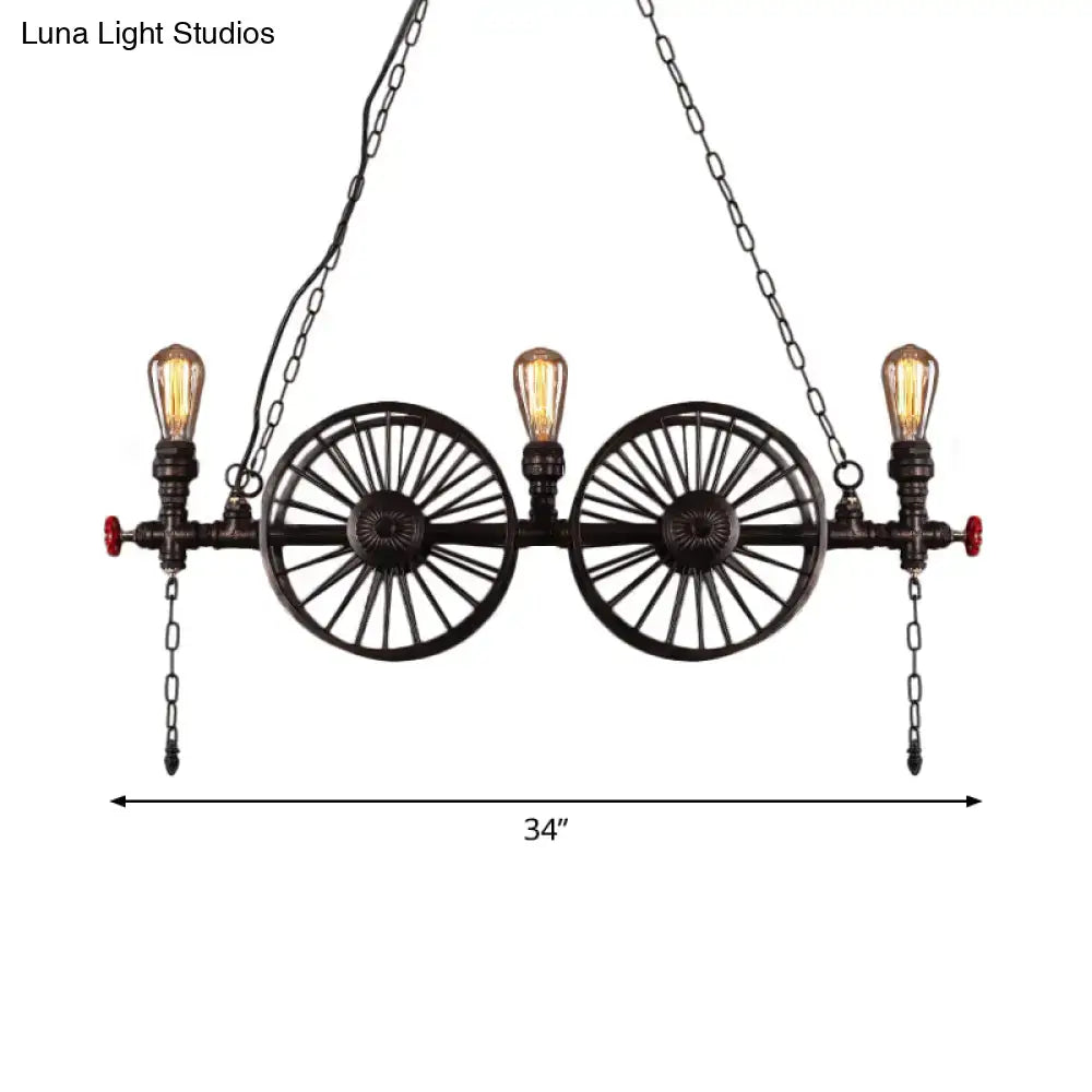 DecorBites™ Industrial Iron Hanging Light Fixture - Wheel Piping, 2/3/4 Heads, Black - for Living Room Island