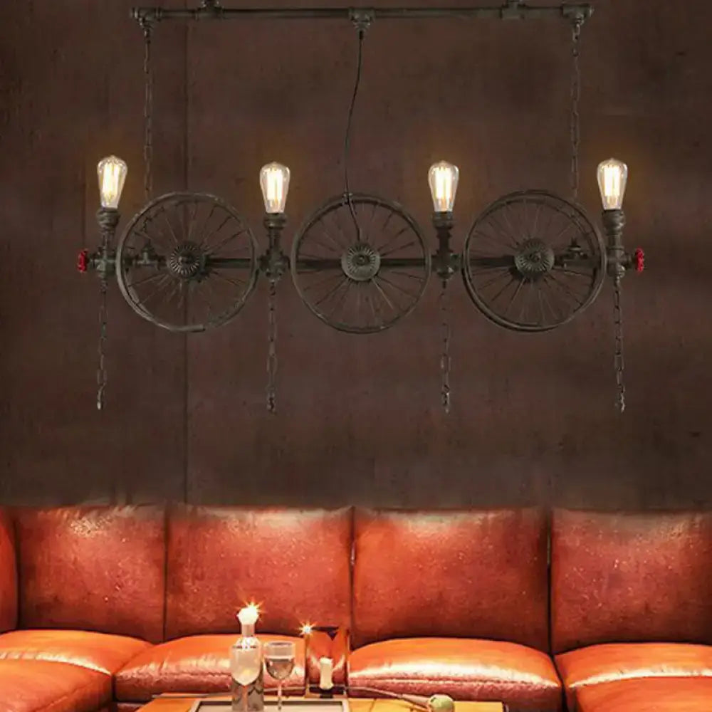 DecorBites™ Industrial Iron Hanging Light Fixture - Wheel Piping, 2/3/4 Heads, Black - for Living Room Island