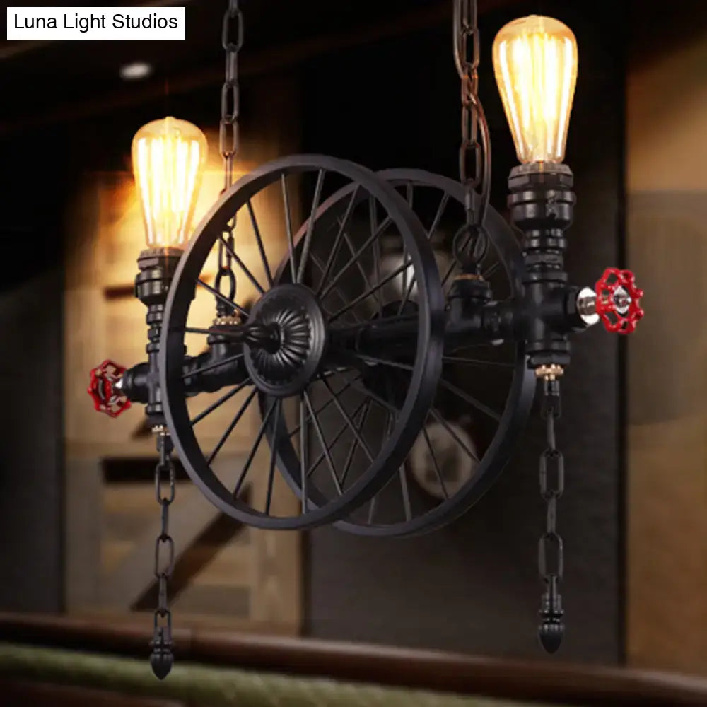 DecorBites™ Industrial Iron Hanging Light Fixture - Wheel Piping, 2/3/4 Heads, Black - for Living Room Island