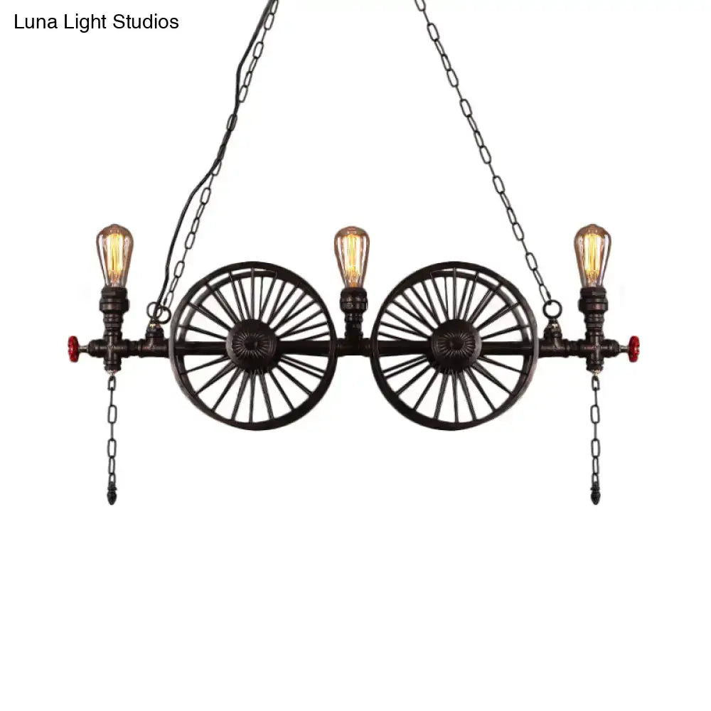 DecorBites™ Industrial Iron Hanging Light Fixture - Wheel Piping, 2/3/4 Heads, Black - for Living Room Island