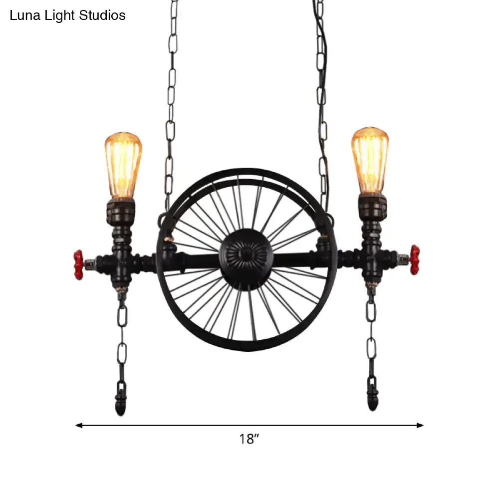 DecorBites™ Industrial Iron Hanging Light Fixture - Wheel Piping, 2/3/4 Heads, Black - for Living Room Island