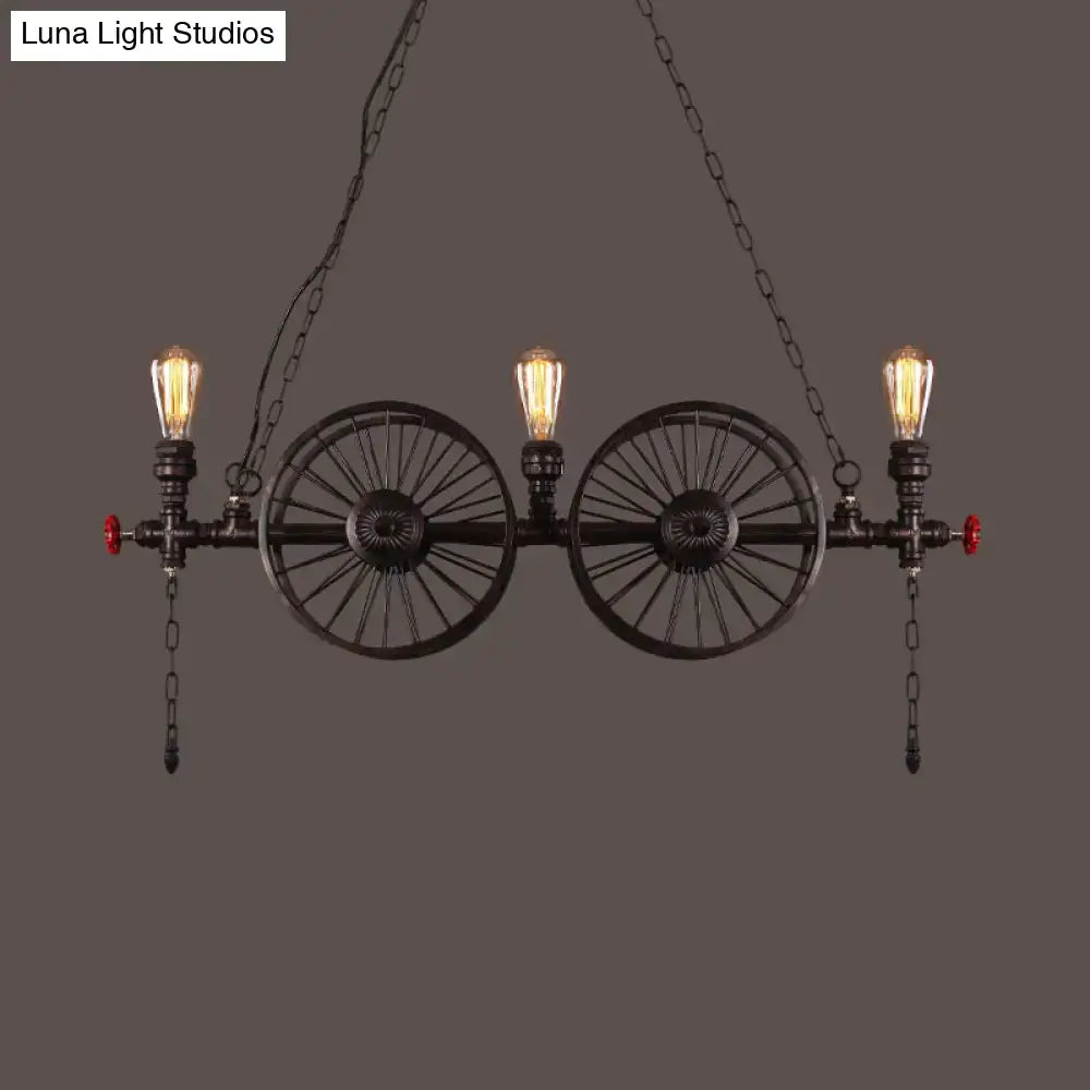 DecorBites™ Industrial Iron Hanging Light Fixture - Wheel Piping, 2/3/4 Heads, Black - for Living Room Island