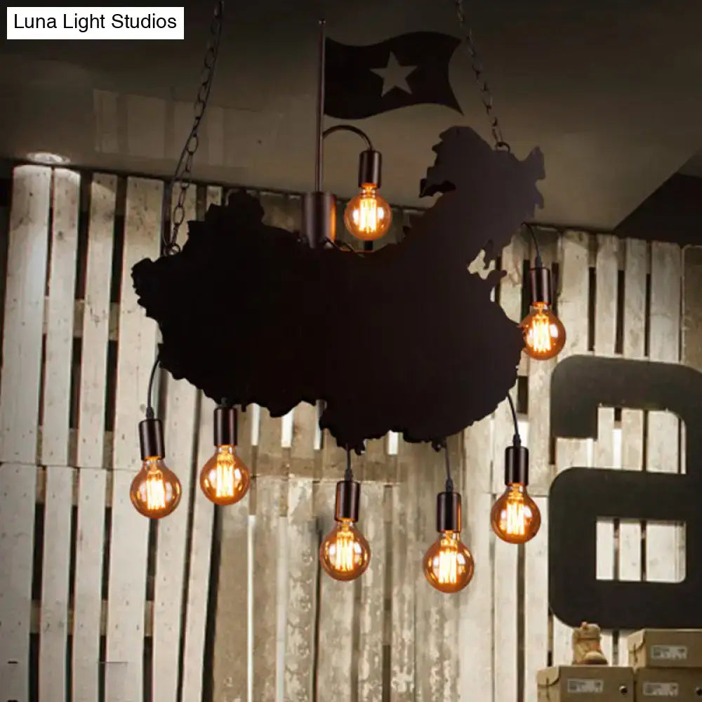 DecorBites™ Industrial Island Pendant Lamp - Iron Panel Black Hanging Light Kit - 7 Bulbs - Map and Flag Shape