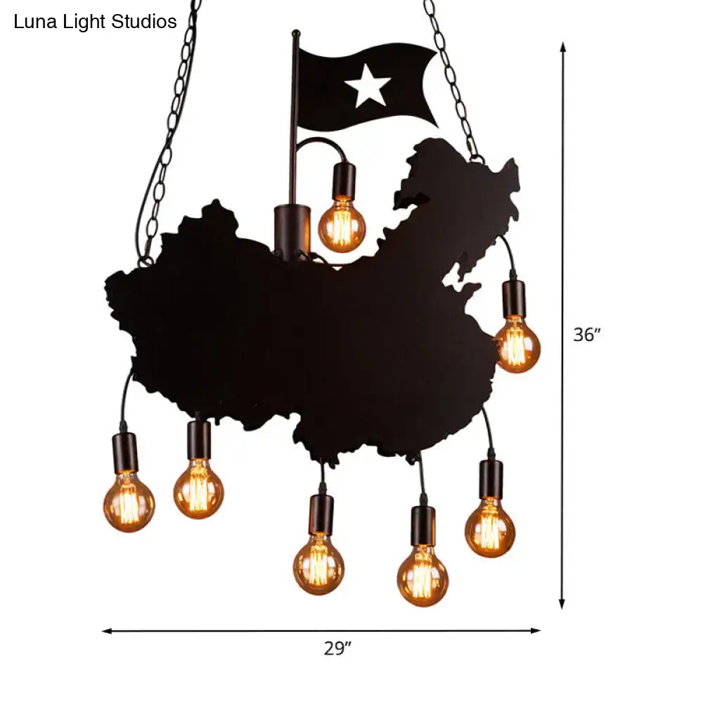DecorBites™ Industrial Island Pendant Lamp - Iron Panel Black Hanging Light Kit - 7 Bulbs - Map and Flag Shape