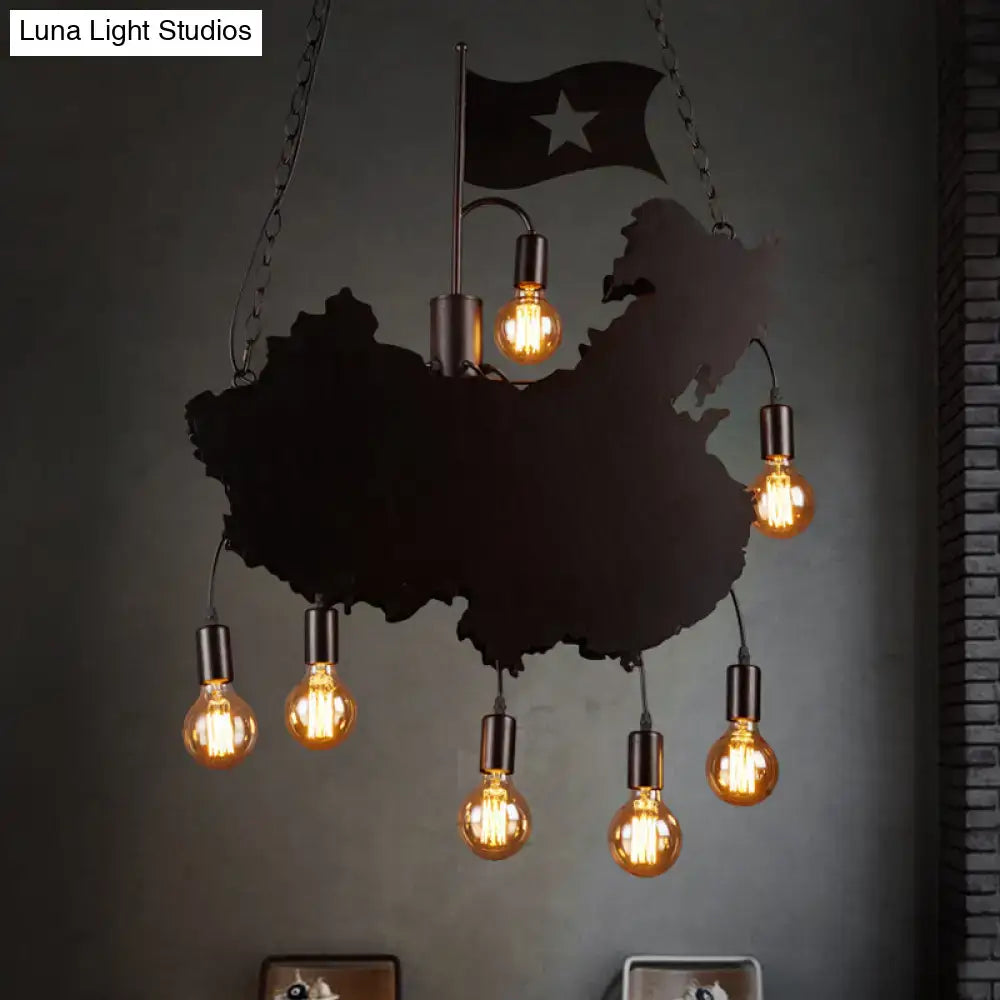 DecorBites™ Industrial Island Pendant Lamp - Iron Panel Black Hanging Light Kit - 7 Bulbs - Map and Flag Shape