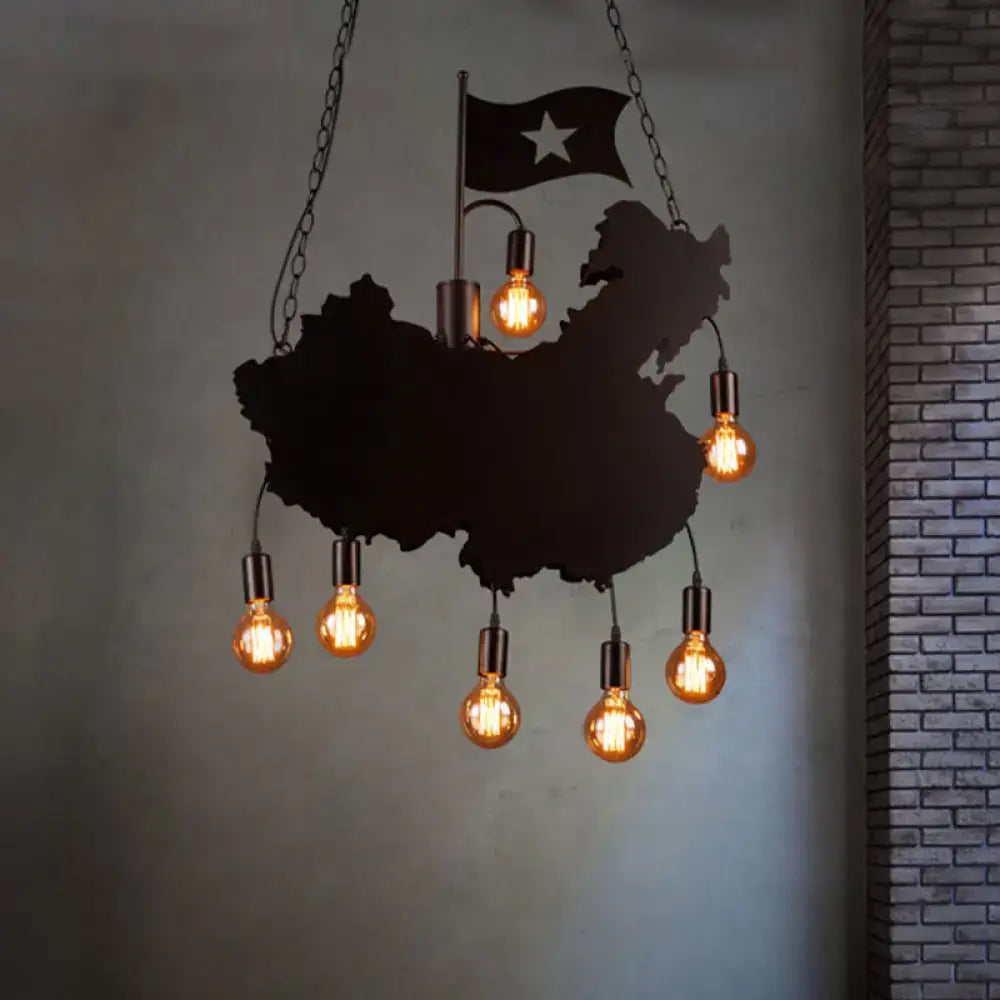 DecorBites™ Industrial Island Pendant Lamp - Iron Panel Black Hanging Light Kit - 7 Bulbs - Map and Flag Shape