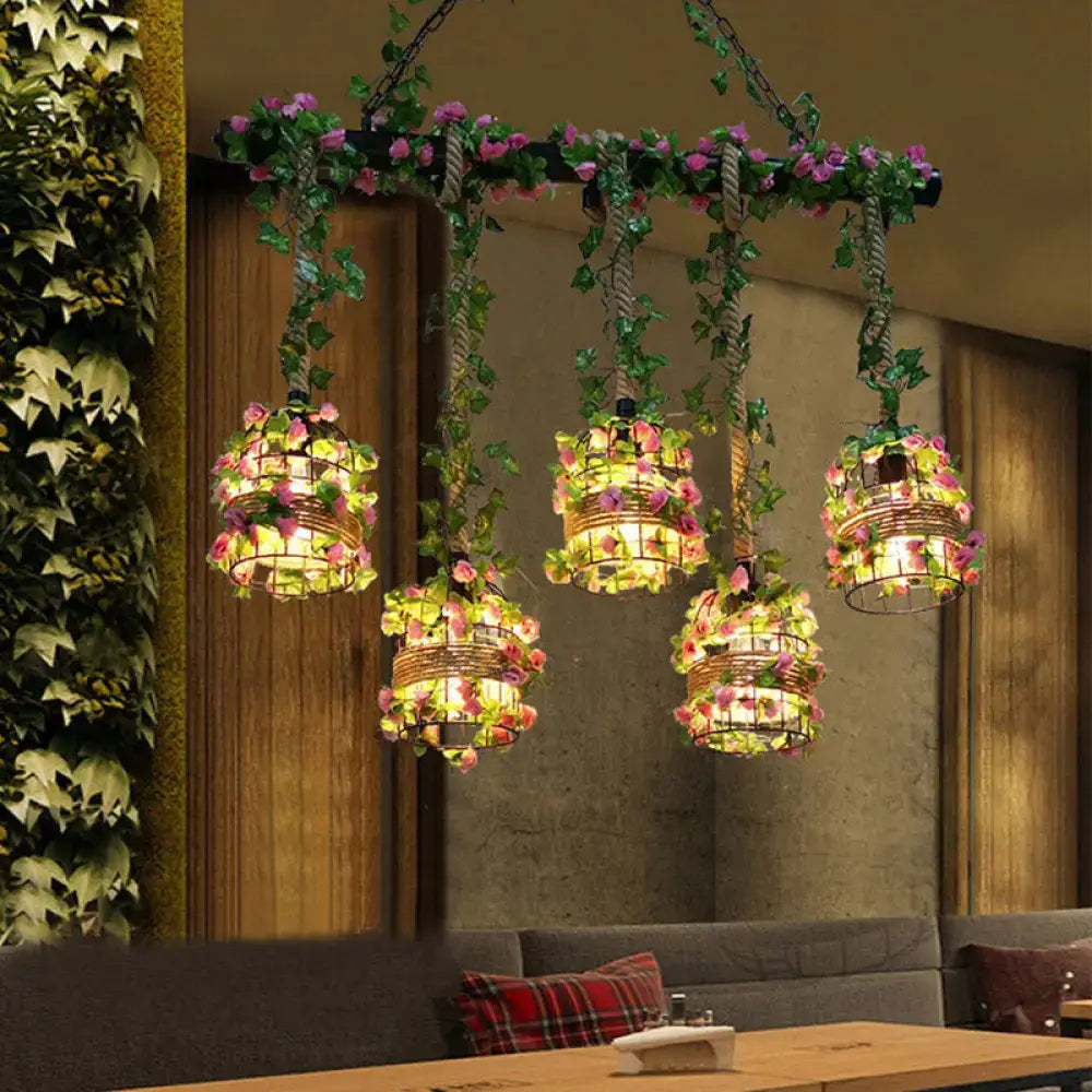 DecorBites™ Industrial Metal 5-Head Black Cage Island Lighting Fixture for Restaurants and Plants