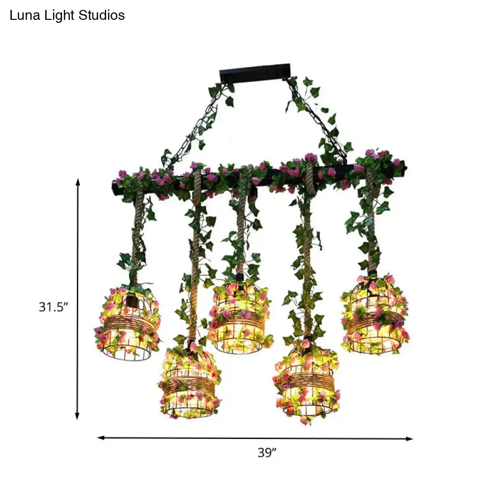 DecorBites™ Industrial Metal 5-Head Black Cage Island Lighting Fixture for Restaurants and Plants