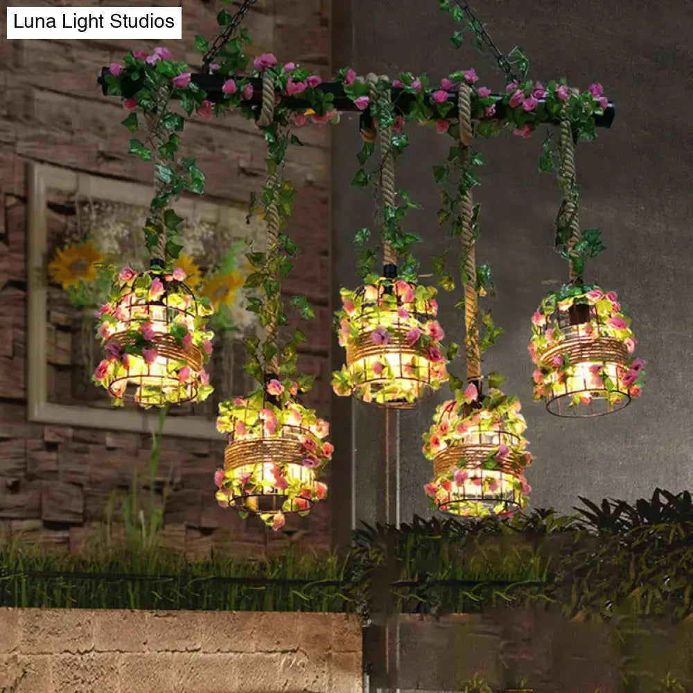 DecorBites™ Industrial Metal 5-Head Black Cage Island Lighting Fixture for Restaurants and Plants