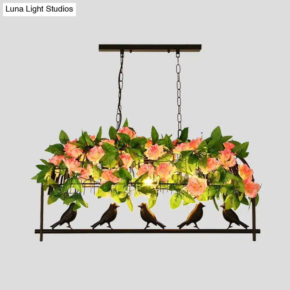مصباح جزيرة الزهور المعدني الصناعي DecorBites™ على شكل قفص طائر: أسود، 3/4 رؤوس، مصباح سقف معلق للمطاعم