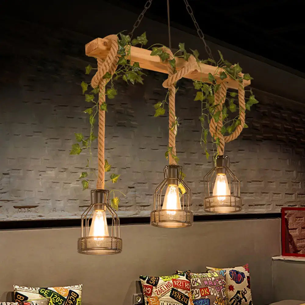 DecorBites™ Industrial Metal Caged Island Pendant Light with Rope Hanging Lamp - Brown