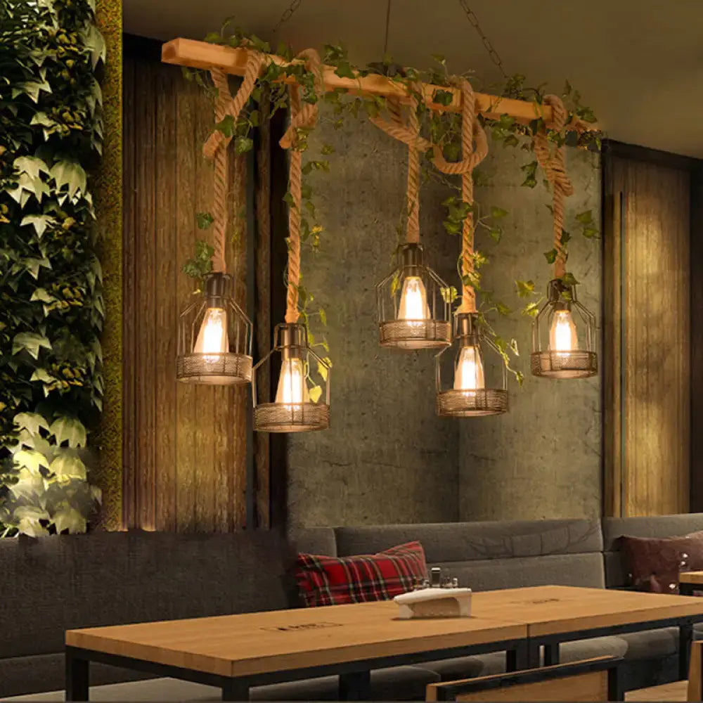 DecorBites™ Industrial Metal Caged Island Pendant Light with Rope Hanging Lamp - Brown