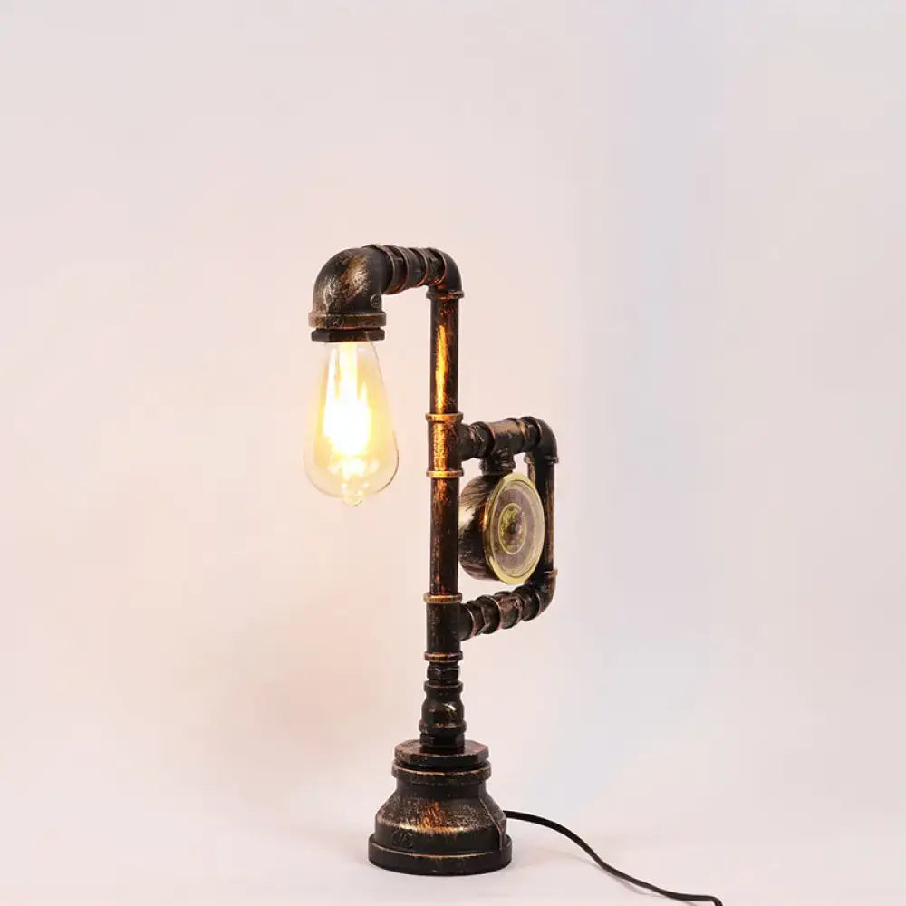 DecorBites™ Industrial Metal Nightstand Lamp - Pipe and Clock Bedroom Table Light with 1 Bronze Head
