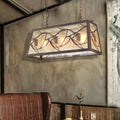 DecorBites™ industrial rectangular pendant light with bronze metal frame, frosted glass panels, and pinecone cutouts