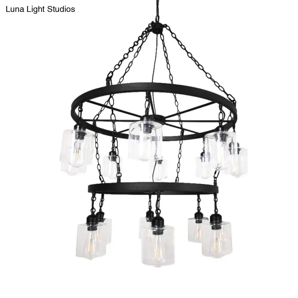 DecorBites™ Industrial Pendant Chandelier: 2-Tier Wheel Multi-Light Lamp with Clear Glass, Black Finish, and Cylinder Shade