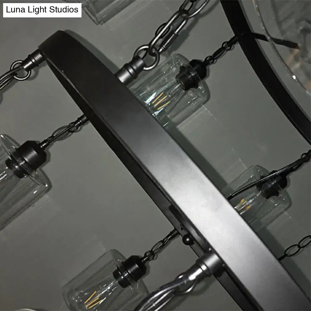 DecorBites™ Industrial Pendant Chandelier: 2-Tier Wheel Multi-Light Lamp with Clear Glass, Black Finish, and Cylinder Shade