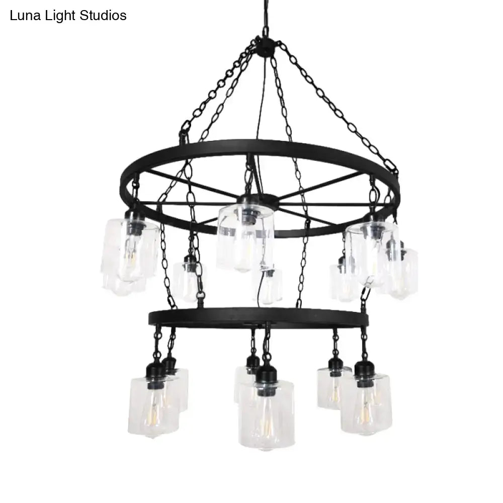 DecorBites™ Industrial Pendant Chandelier: 2-Tier Wheel Multi-Light Lamp with Clear Glass, Black Finish, and Cylinder Shade