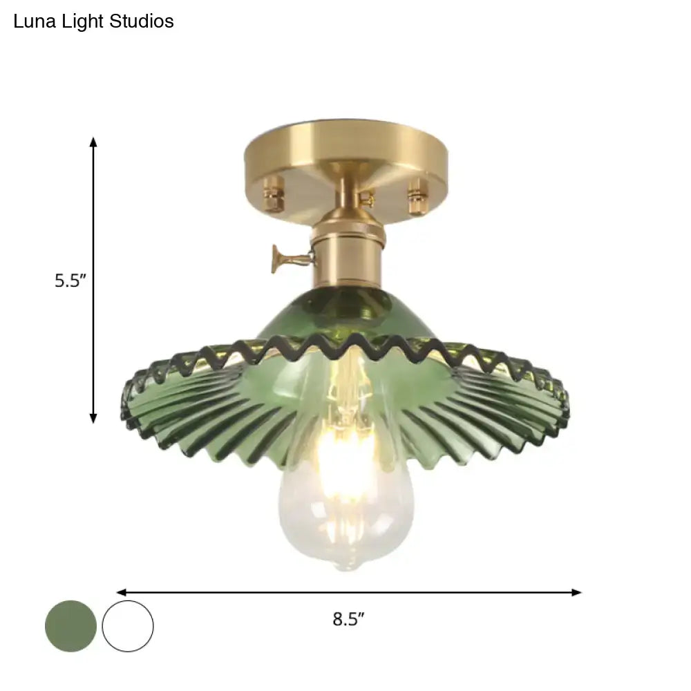 Decorbites™ industrial scalloped ribbed glass one-light ceiling light with green vintage glass and brass base