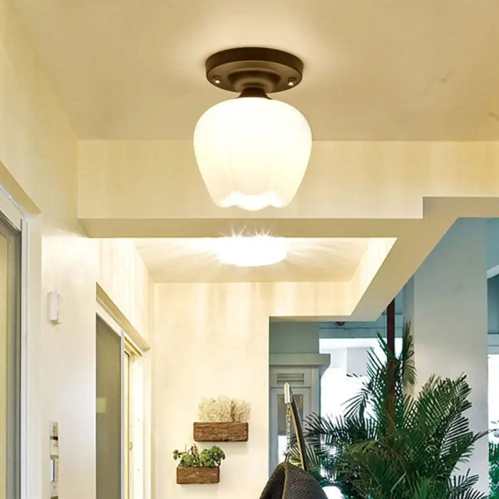 DecorBites™ Industrial Semi Flush Light - Black Opal Glass Bowl Lighting Fixture for Corridor