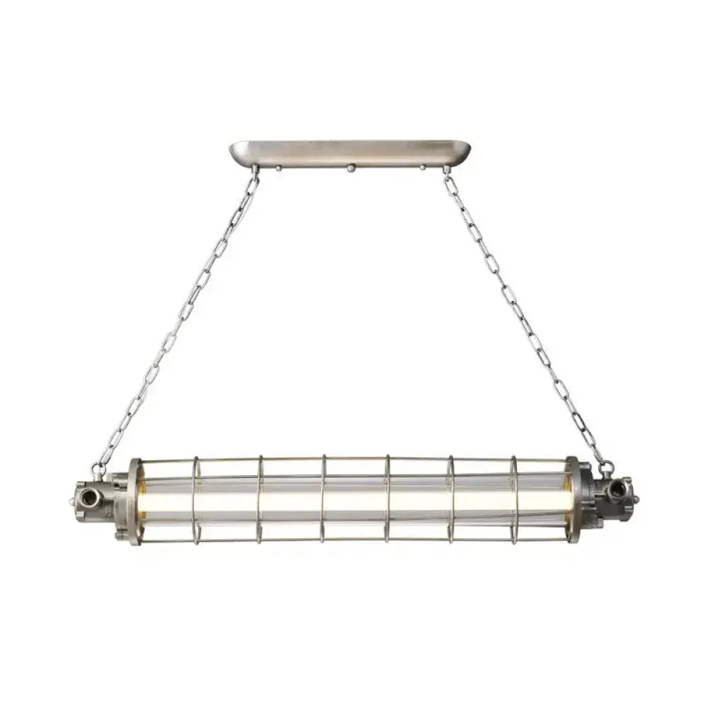 DecorBites™ Industrial Silver Metal Pendant Light with LED, Clear Glass Shade - Cylindrical Wire Cage Design