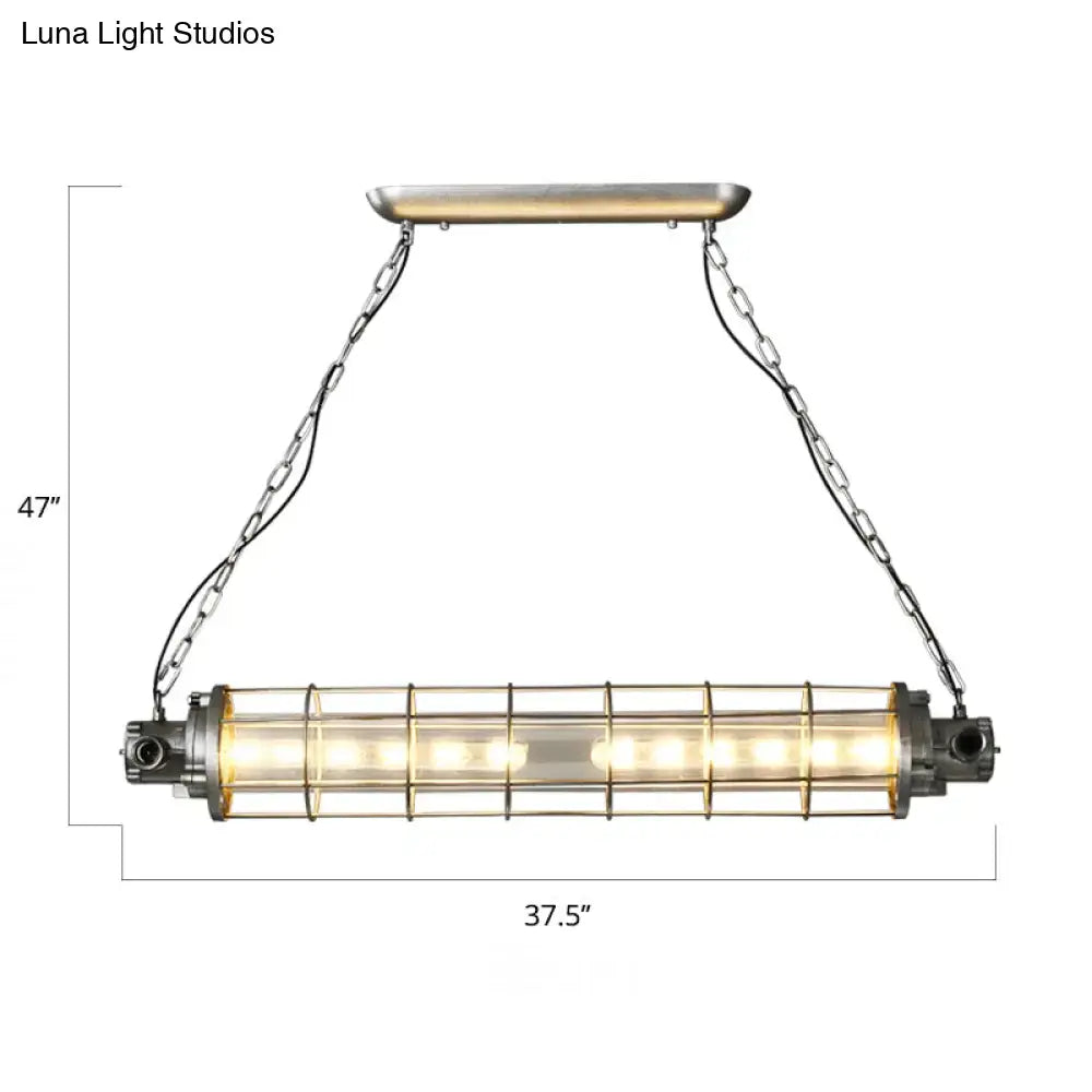 DecorBites™ Industrial Silver Metal Pendant Light with LED, Clear Glass Shade - Cylindrical Wire Cage Design