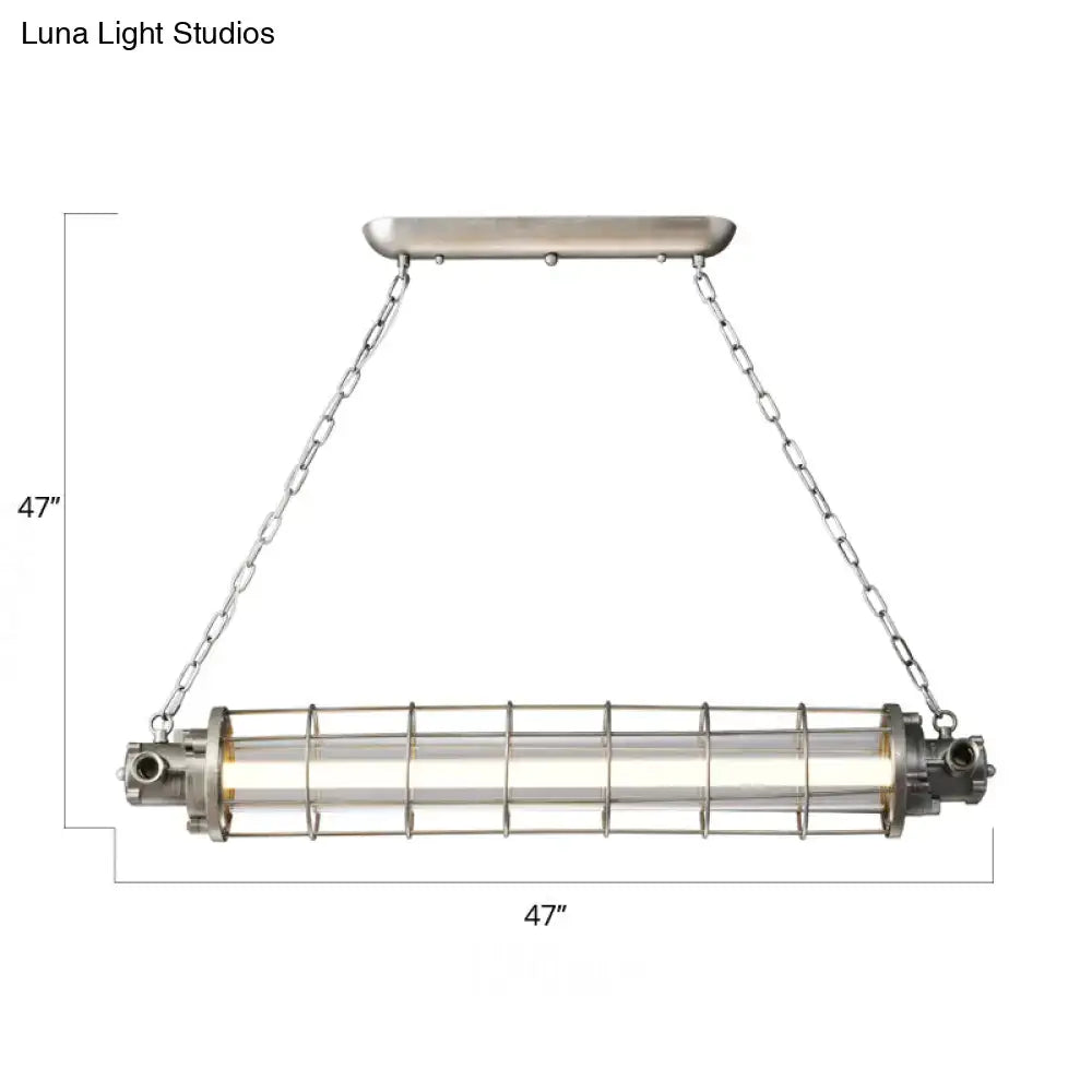 DecorBites™ Industrial Silver Metal Pendant Light with LED, Clear Glass Shade - Cylindrical Wire Cage Design