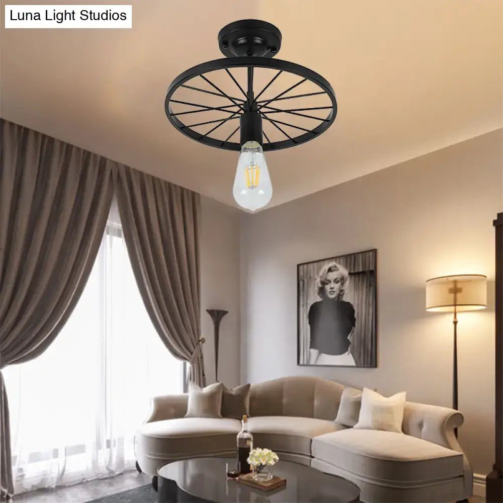 DecorBites™ Industrial Style Metal Semi Flush Ceiling Light with Black Finish - Bare Bulb Restaurant Fixture