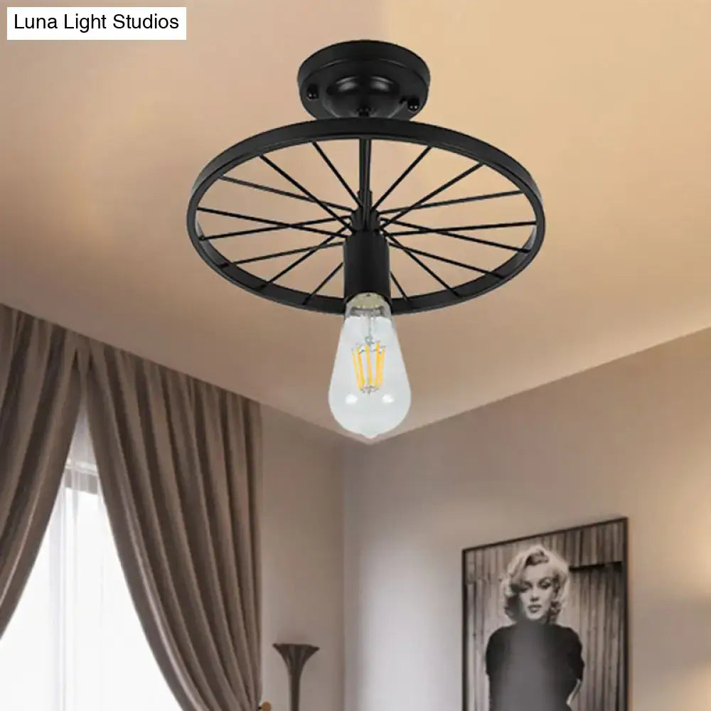 Decorbites industrial style semi-flush mount ceiling light with black finish and bicycle wheel-inspired metal design