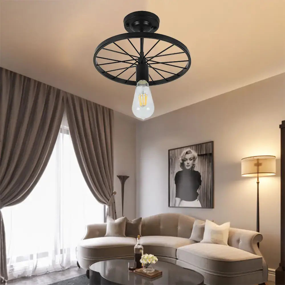 DecorBites™ Industrial Style Metal Semi Flush Ceiling Light with Black Finish - Bare Bulb Restaurant Fixture