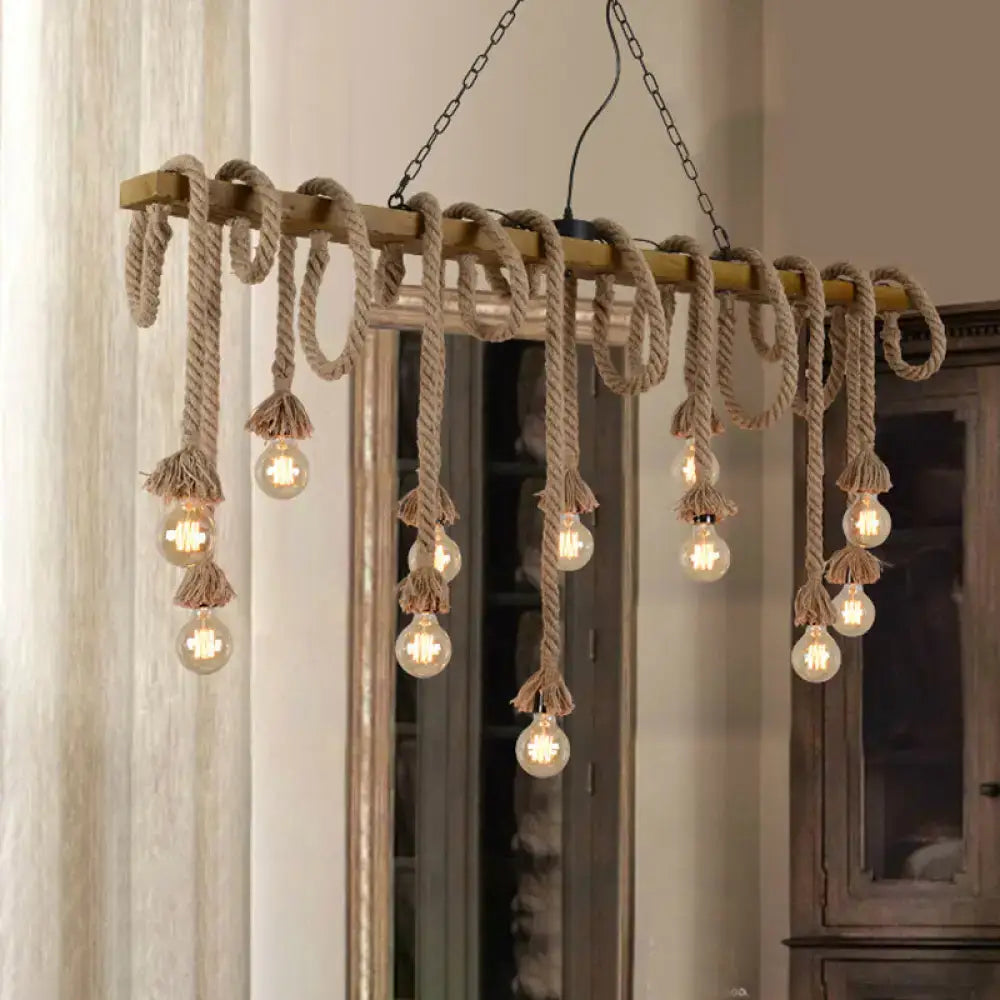 DecorBites™ Industrial-Style Wood Beige Island Chandelier - 8-Light Linear Pendant Lamp for Dining Room