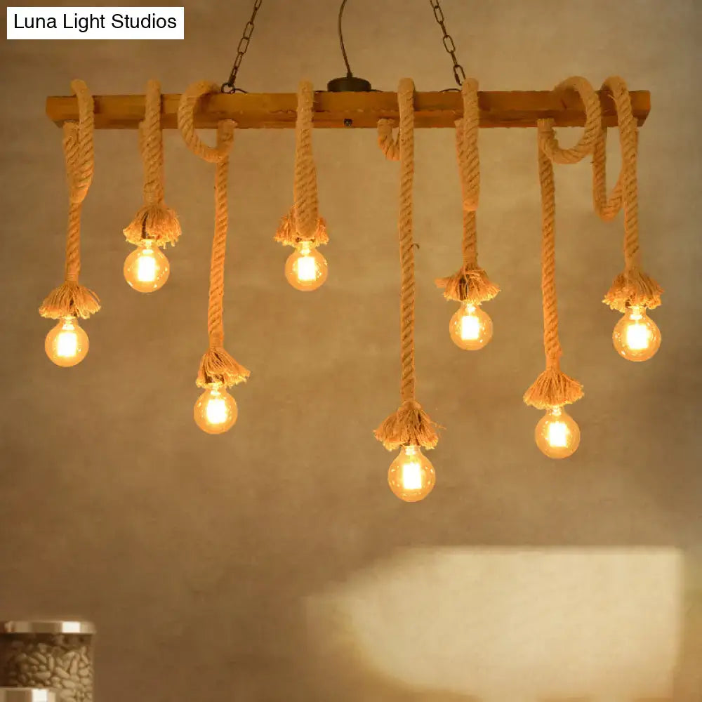 DecorBites™ Industrial-Style Wood Beige Island Chandelier - 8-Light Linear Pendant Lamp for Dining Room