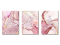 Set of three framed islamic canvas art prints featuring ayatul kursi in white script on pink and gold marble background