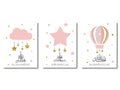 Set of three pink and gold islamic canvas wall art prints featuring ayatul kursi quran calligraphy with clouds and stars