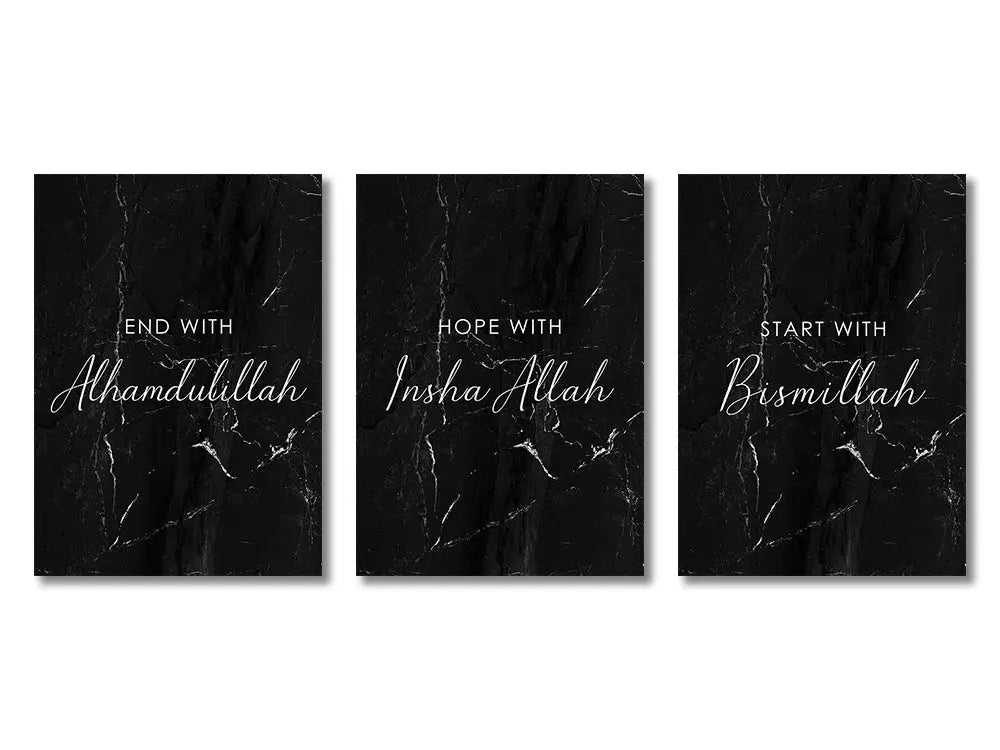 Set of three black marble-textured decorbites™ islamic canvas prints with white cursive script and ayatul kursi inspiration