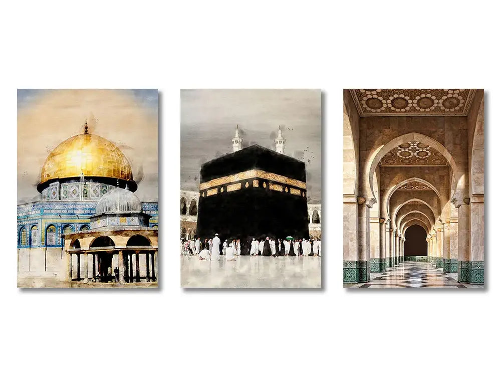 Set of three framed islamic quran canvas wall art prints featuring dome of the rock kaaba and ornate mosque corridor