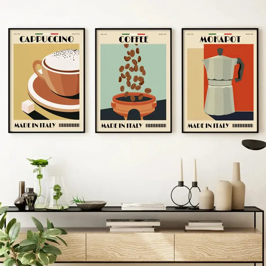 Three vintage-style italian espresso coffee posters featuring a cappuccino cup, coffee pot beans, and espresso coffee pot designs