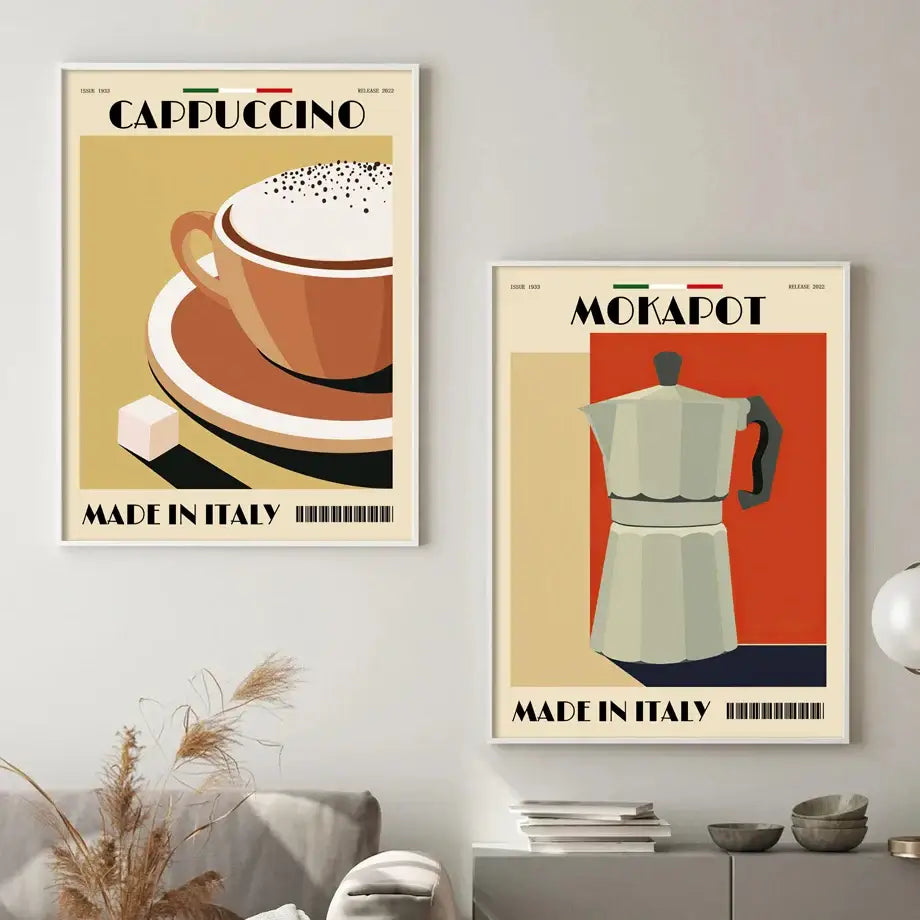 Decorbites™ italian coffee wall art canvas print featuring vintage-style posters of an orange cappuccino cup and a red espresso coffee pot background