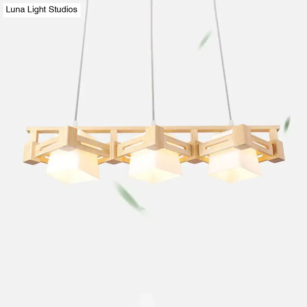 DecorBites™ Japanese Hanging Light: Trapezoid Cream Glass, 3-Bulb Pendant for Dining Room or Kitchen Island, Wood Base
