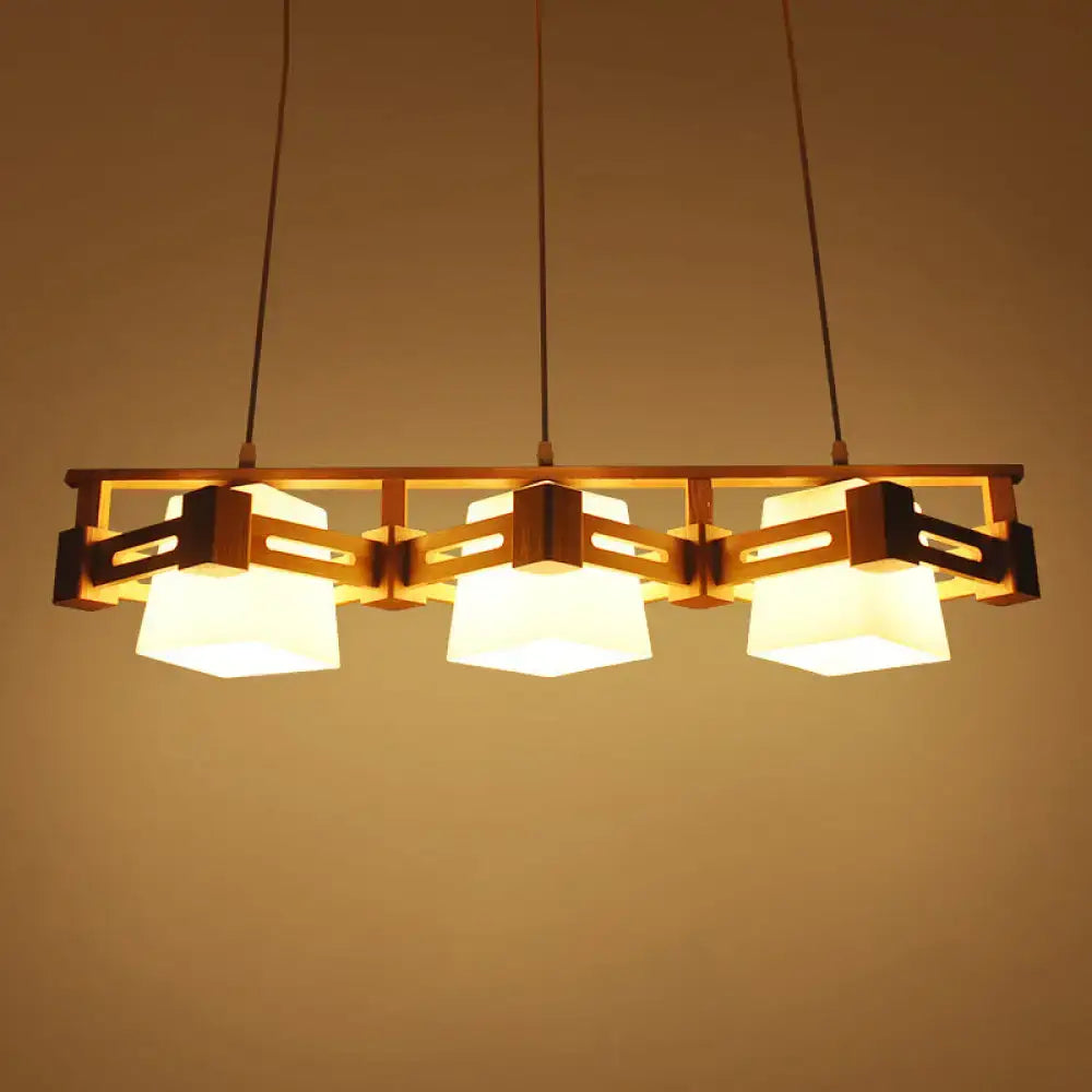 DecorBites™ Japanese Hanging Light: Trapezoid Cream Glass, 3-Bulb Pendant for Dining Room or Kitchen Island, Wood Base