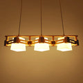 Warm-toned wooden pendant light with three cream trapezoid frosted glass shades for dining room 220v-240v led use