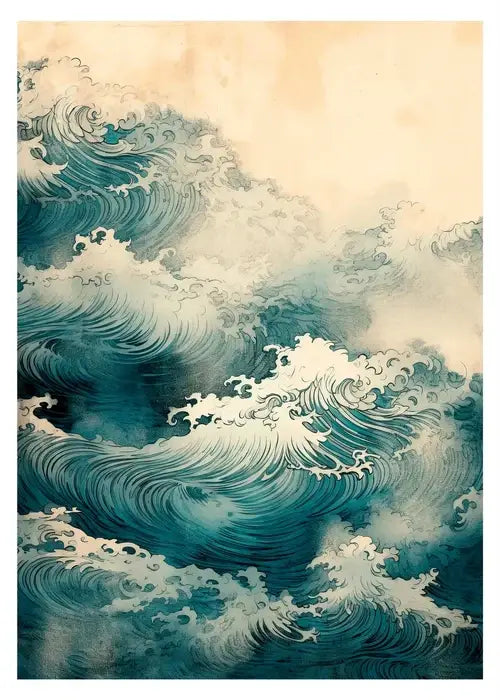 A decorbites™ japanese hokusai art poster print featuring dynamic hand-painted teal and white ocean waves for home decor