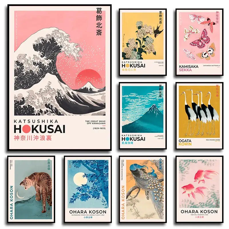 A framed DecorBites™ art poster print of Hokusai’s black and white wave with a pink sunset for home decor