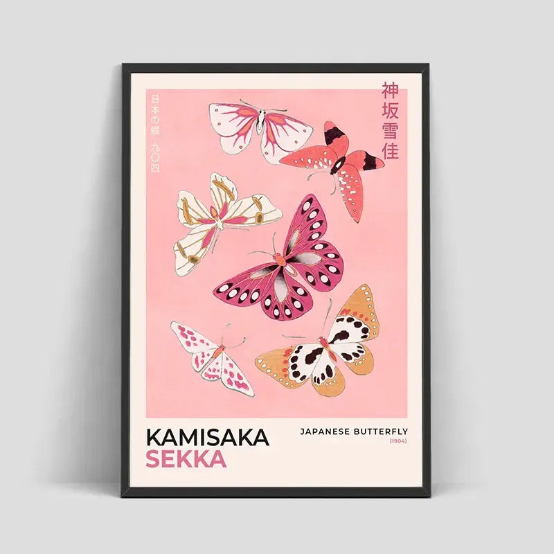 A framed DecorBites™ Japanese Hokusai art poster print on canvas with stylized pink white and orange butterflies on soft pink background
