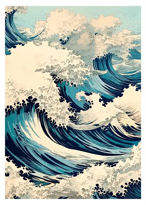 Decorbites™ japanese hokusai art poster print on canvas featuring powerful ocean waves in deep blues and creamy whites