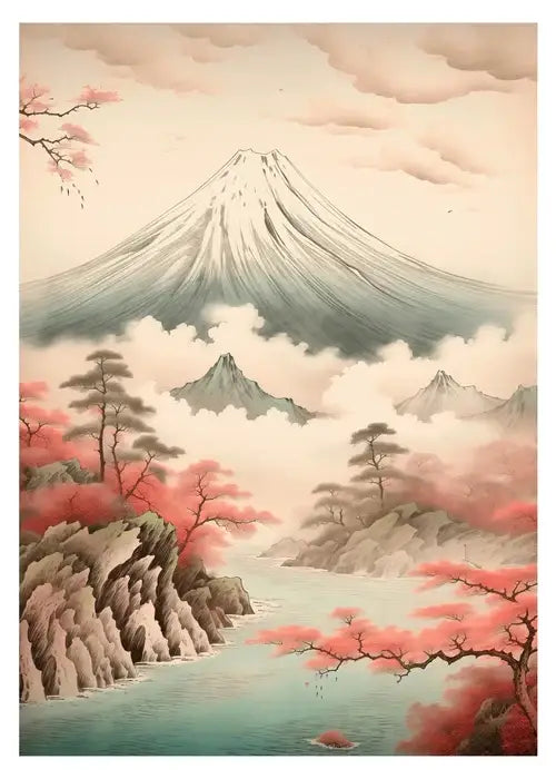 Decorbites™ japanese hokusai art poster print on canvas featuring mount fuji and cherry blossoms in vibrant colors