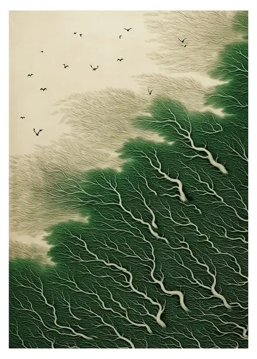 DecorBites™ Japanese Hokusai art poster print on canvas featuring a green forest with white vein patterns and birds in flight