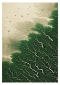 DecorBites™ Japanese Hokusai art poster print on canvas featuring a green forest with white vein patterns and birds in flight