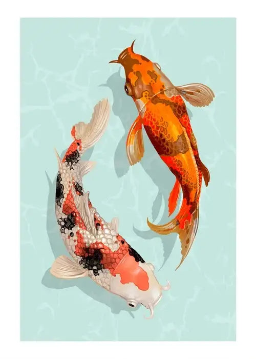 Decorbites™ japanese hokusai art poster print on canvas featuring two intricately illustrated koi fish in vibrant colors
